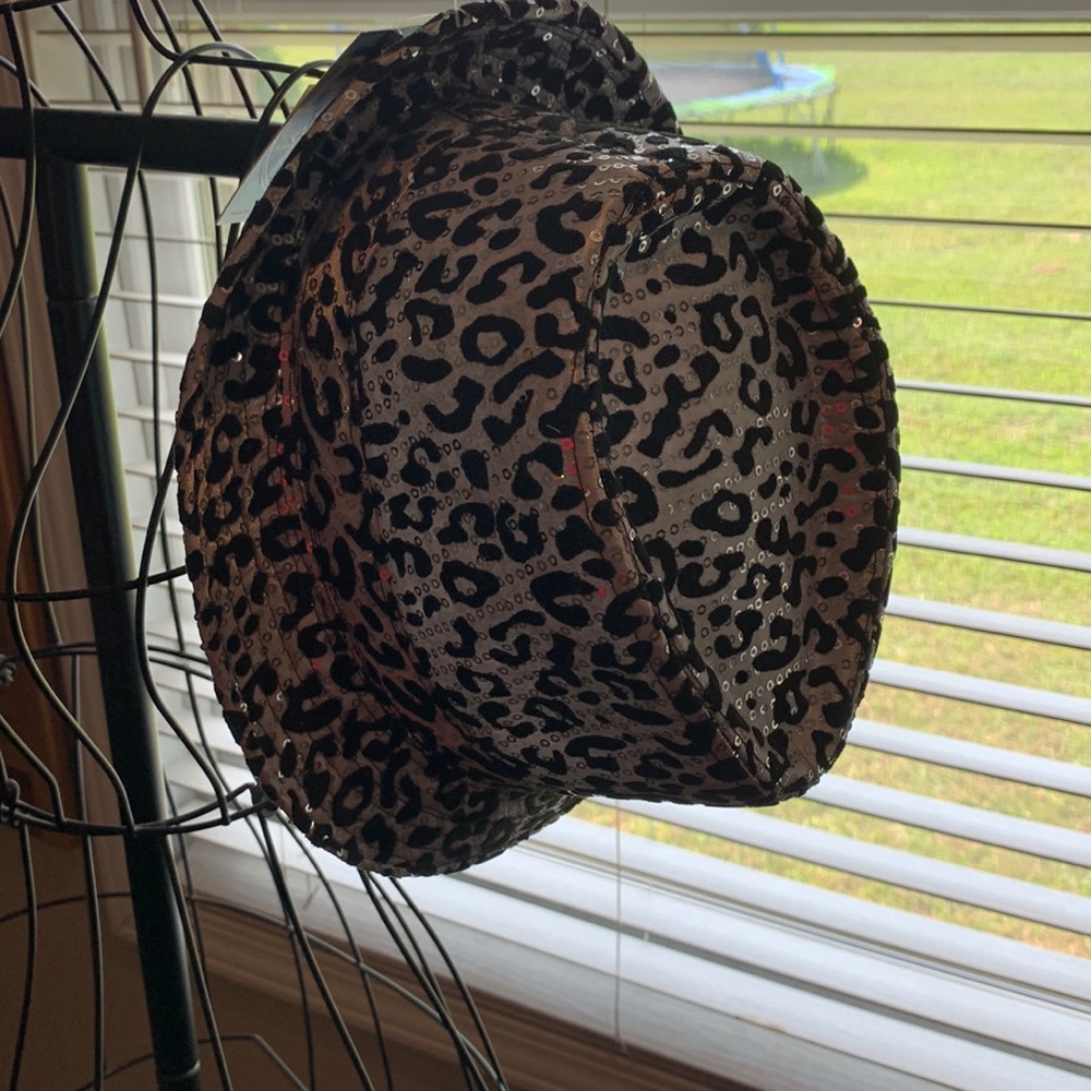 Silver black leopard print fedora hat with sequins.